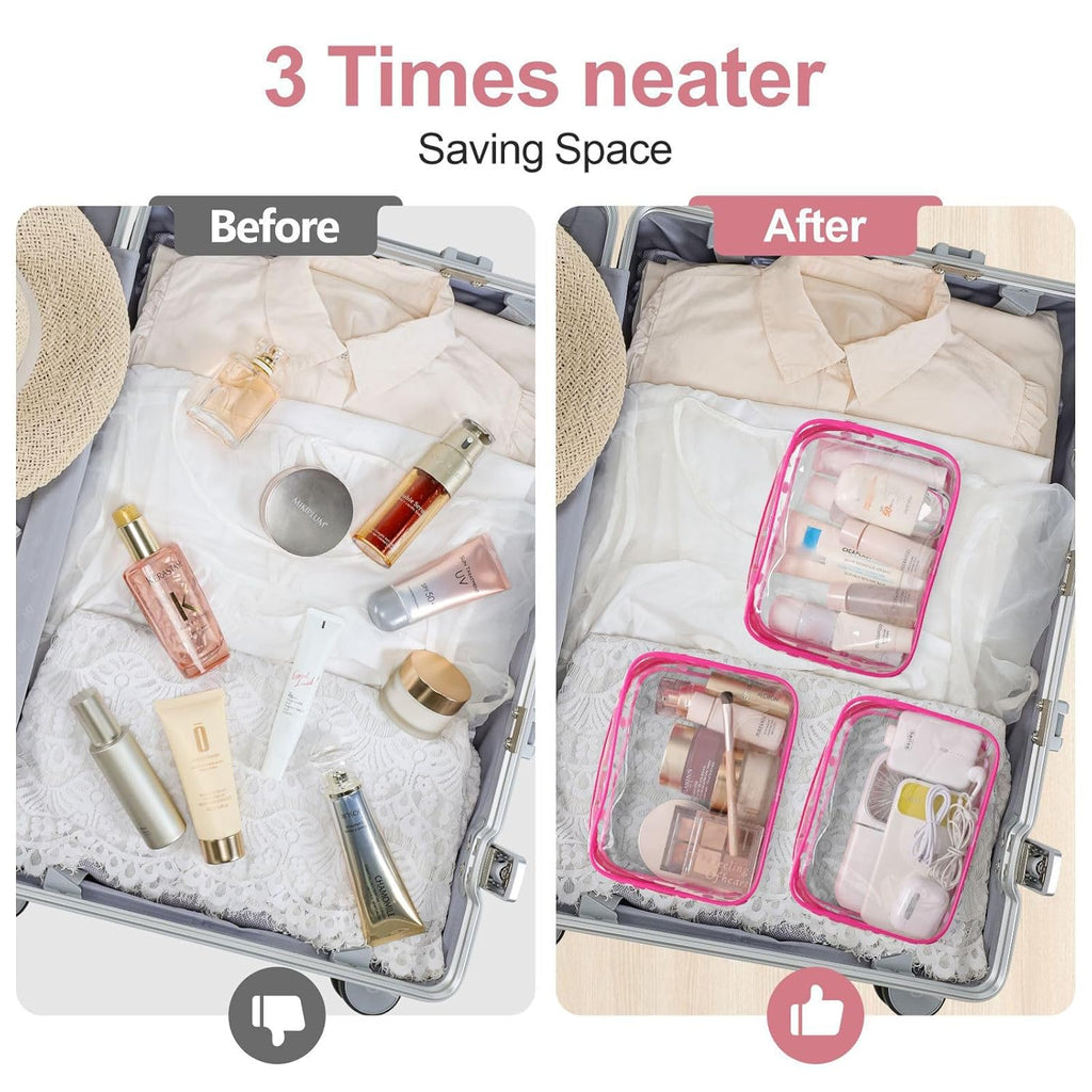 TSA Approved Toiletry Bag 3 Medium - Quart Size Clear Makeup Bag for Carry On, Airport Security Compliant Clear Travel Bag for Toiletries with Reinforced Seams, Bright Rose Red