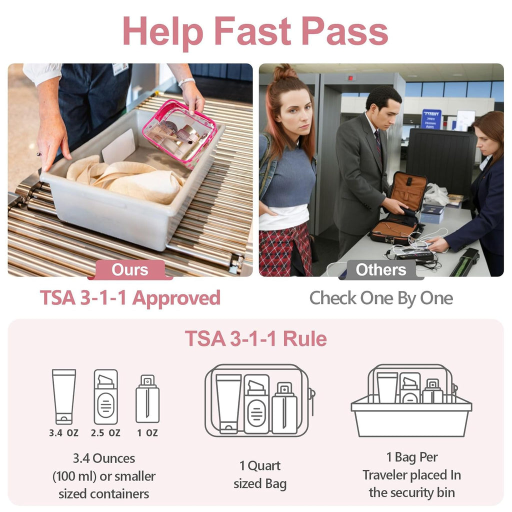 TSA Approved Toiletry Bag 3 Medium - Quart Size Clear Makeup Bag for Carry On, Airport Security Compliant Clear Travel Bag for Toiletries with Reinforced Seams, Bright Rose Red