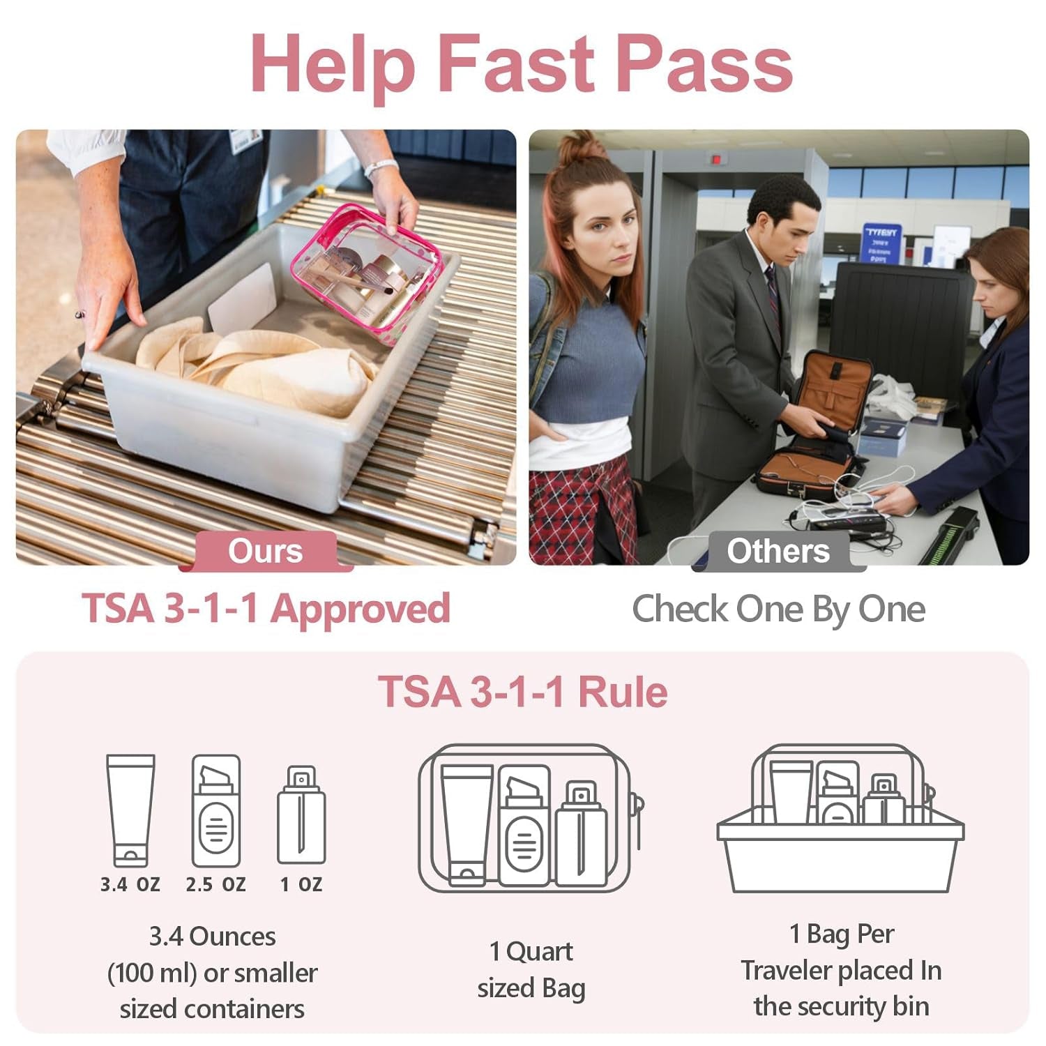 TSA Approved Toiletry Bag 3 Medium - Quart Size Clear Makeup Bag for Carry On, Airport Security Compliant Clear Travel Bag for Toiletries with Reinforced Seams, Bright Rose Red